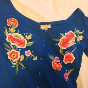 Embroidered and beaded off shoulder cardigan